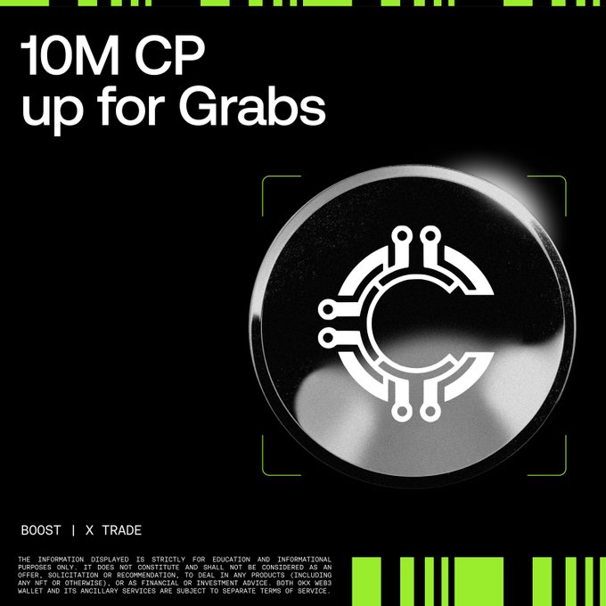 Promotional graphic announcing a "10M CP up for Grabs" trading competition, featuring a stylized coin/token logo, with "BOOST | X TRADE" branding and a disclaimer noting the information is for educational purposes only.

The image directly visualizes the post's announcement of the 10M CP (Open Protocol token) prize pool trading competition on the OKX web3 DEX, with the metallic token graphic representing the prize and the campaign branding tying into the trading volume-based ranking promotion ending September 10.