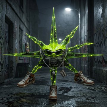 A digital artwork showing a green, spiked, alien-like character or icon with four legs wearing brown sneakers, standing in a dark urban alleyway.