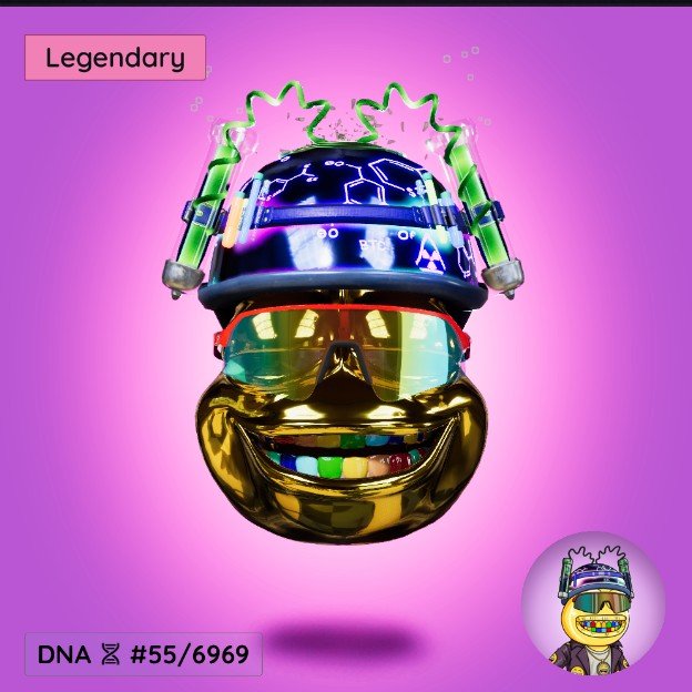 A digital artwork of a golden smiling face wearing a futuristic helmet with green accents, labeled 'Legendary' and 'DNA #55/6969' against a purple background.