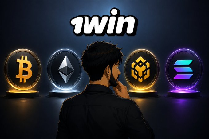An illustrated man with a beard stands in front of four glowing cryptocurrency logos (Bitcoin, Ethereum, BNB, and Solana) with the text "1win" displayed above them.