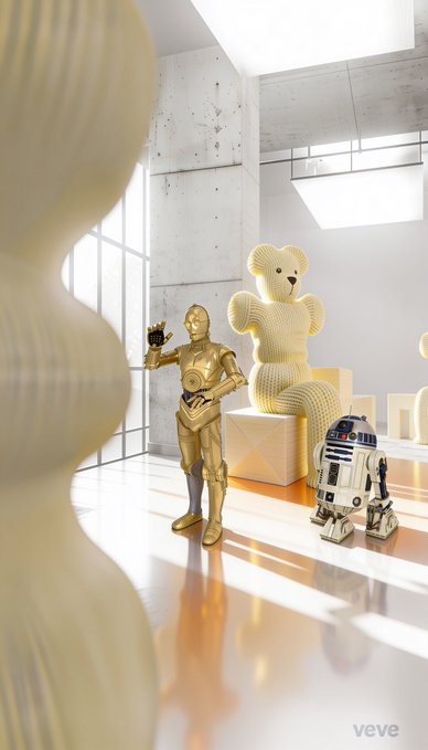 A digital art scene features C-3PO and R2-D2 from Star Wars alongside a large white teddy bear sculpture in a modern gallery space, with a 'veve' watermark in the corner.