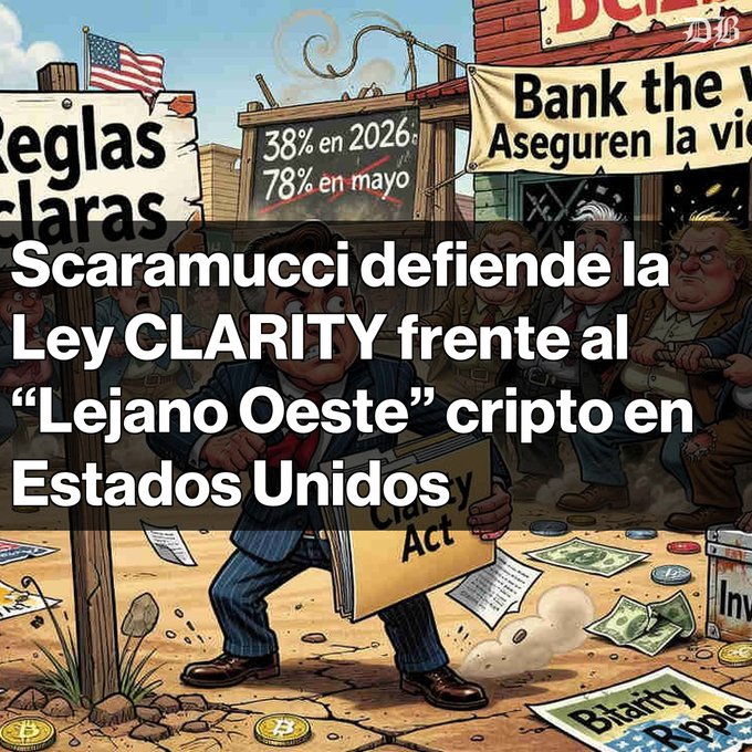 A cartoon illustration with Spanish text reading 'Scaramucci defiende la Ley CLARITY frente al "Lejano Oeste" cripto en Estados Unidos,' showing a suited man holding a 'Clarity Act' folder in a Western town setting with signs reading '38% en 2026' and '78% en mayo.'