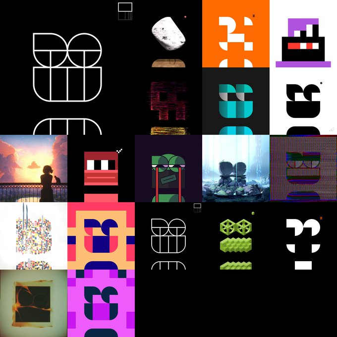 A collage showcasing various minimalist geometric and digital art pieces with abstract blocky character designs and pixelated forms.