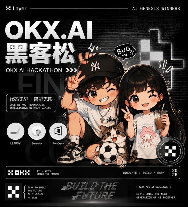 A promotional poster for the "OKX.AI 黑客松" (OKX AI Hackathon) titled "BUILD THE FUTURE," featuring chibi-style anime characters alongside a cat and soccer ball, with winning projects "LEAPSY," "Serenity," and "PolyDesk" highlighted, and the event tagged "AI GENESIS WINNERS 2025." The poster celebrates hackathon winners and promotes upcoming OKX events, aligning with the post congratulating winners and teasing new OKX trading competitions and prediction markets.