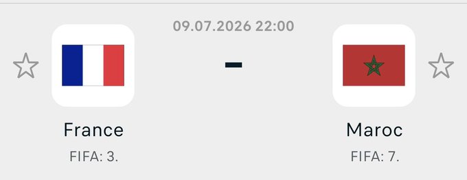 A sports match interface showing France (FIFA: 3) vs Maroc/Morocco (FIFA: 7) scheduled for 09.07.2026 at 22:00.