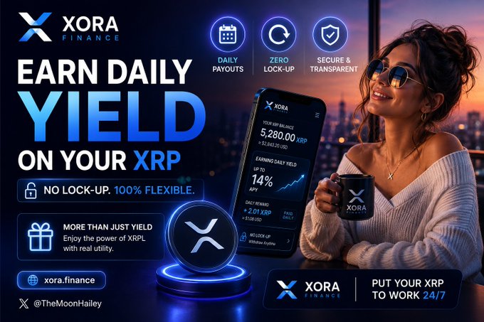 The image promotes Xora Finance, featuring a promotional banner highlighting its "Earn Daily Yield on Your XRP" service with features like daily payouts, zero lock-up, and secure transparency. It showcases a 14% APY yield, a smartphone app interface displaying a balance of 5,280.000 XRP, and a stylish woman holding an Xora-branded mug, aligning with the post's emphasis on secure and flexible earning for XRP holders.