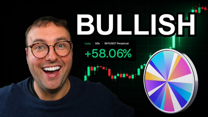 The image features a man wearing glasses, smiling at the camera with a large circle of colors behind him that says "Bullish" written in white letters. The background shows a stock chart with a green line indicating a positive trend for the stock market.