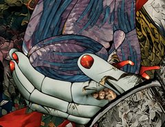 A close-up detail of the surrealist collage showing hands with red fingernails holding a fish-like figure.