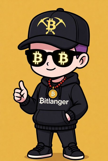 A cartoon chibi character wearing a black cap and sunglasses featuring the Bitcoin "B" logo, a Bitcoin chain necklace, and a black hoodie labeled "Bitlanger," giving a thumbs-up against a yellow background.