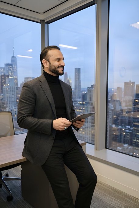 A bearded businessman in a dark blazer and black turtleneck stands by an office window overlooking a city skyline, smiling while using a tablet.
