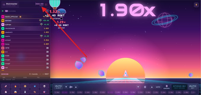 Screenshot of the crash-style game Brainmaster showing a rocket multiplier at 1.90x with a leaderboard on the left and bets in ROKT currency, including users 'basil_official' and 'montana'.