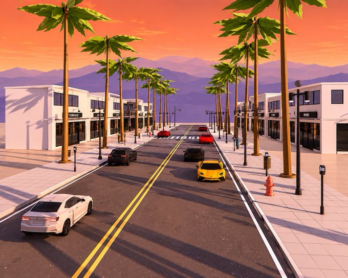 The image shows an urban street scene with palm trees lining both sides of the road, giving the impression that they are located in a tropical or desert-like environment. There are several cars driving down the street, including some parked along the side. The sky is painted orange and pink hues, suggesting either sunrise or sunset time. A post on this image reads "Good morning guys! HAPPY TEZOS TUESDAY #tezostueday Hope y’all have a productive day [RODEO WIP] #proofofPalm". The overall atmosphere of the scene is one of relaxation and leisure, with people enjoying their time outdoors.
 
The image also contains some text that reads "Focus on what is in the image and how it relates to the post", which could be a caption or an instruction for viewers to pay attention to specific details within the photo.