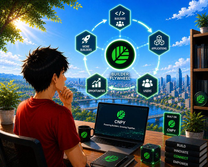 An anime-style illustration shows a young man looking at a laptop displaying the CNPY logo and tagline 'Powering Builders, Growing Together,' with a 'Builder Flywheel' diagram above showing Builders, More Builders, Applications, Users, and Opportunities in a cycle. Books titled 'BUILD, INNOVATE, CONNECT, EMPOWER' sit beside the laptop.