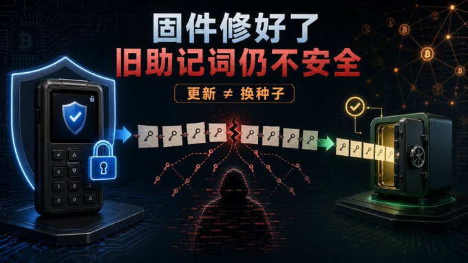 The image illustrates the COLDCARD wallet security issue, showing an old device with a shield icon transitioning (via a red "cracked" arrow) to a safe vault with a checkmark, representing that simply updating firmware doesn't make old, previously generated seed phrases secure—users need to actively migrate to new seed phrases (更新 ≠ 换种子), as emphasized by the Chinese text "固件修好了 旧助记词仍不安全."