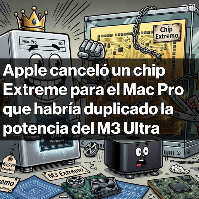A cartoon illustration about Apple canceling a chip, with Spanish text reading "Apple canceló un chip Extreme para el Mac Pro que habría duplicado la potencia del M3 Ultra," showing an animated Mac Pro and a chained chip labeled "Chip Extremo."