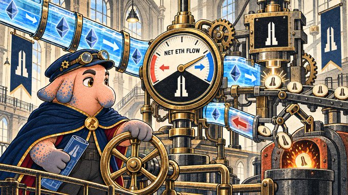 A whimsical steampunk illustration depicts an anthropomorphic elephant in a blue cap and cape operating brass machinery with gears, pipes, and a 'NET ETH FLOW' gauge, while holding a vial of blue liquid amidst flowing blue crystalline tubes in a cathedral-like interior.