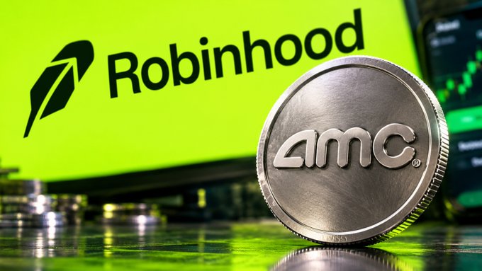 A promotional image showing a metallic AMC coin positioned in front of a bright green Robinhood logo and screen.