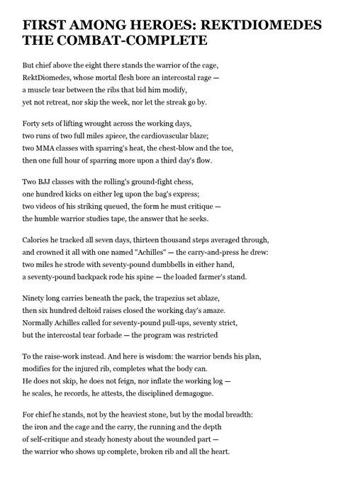 The image features a white piece of paper with black text, which appears to be a poem or a listicle about combat heroes. The focus of the image is on the words "First Among Heroes" and "Rektidiomedes", suggesting that these are the main subjects of discussion in this particular post.