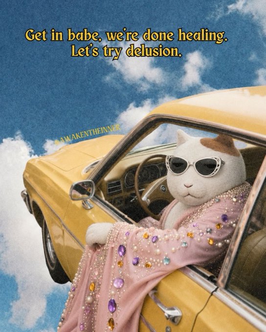 A white cat wearing sunglasses and a jeweled pink robe drives a yellow convertible through the clouds, with the caption "Get in babe, we're done healing. Let's try delusion." and the watermark "@AWAKENTHEINNER" visible. The image humorously captures the post's sarcastic tone about crypto delusion and believing in Solana again after a downturn.