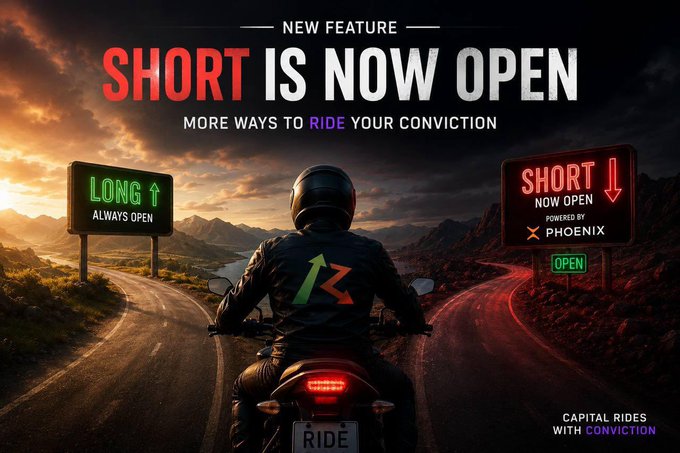 A promotional graphic announcing a new "SHORT IS NOW OPEN" feature, showing a motorcyclist at a fork in the road between a green "LONG" sign (always open) and a red "SHORT" sign powered by Phoenix, with the tagline "CAPITAL RIDES WITH CONVICTION." The imagery symbolizes the post's message that traders can now take leveraged short positions on Phoenix, expanding their directional trading options in both bull and bear markets.