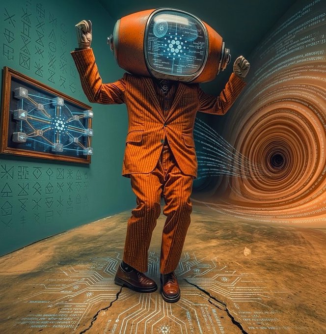 A digital artwork depicts a figure in an orange pinstripe suit with a large, old-fashioned television set for a head displaying blue graphics, standing in a room covered in symbols.
