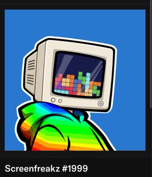 A digital illustration of a figure with a retro computer monitor for a head displaying Tetris blocks, wearing a rainbow-colored hoodie, labeled 'Screenfreakz #1999'.