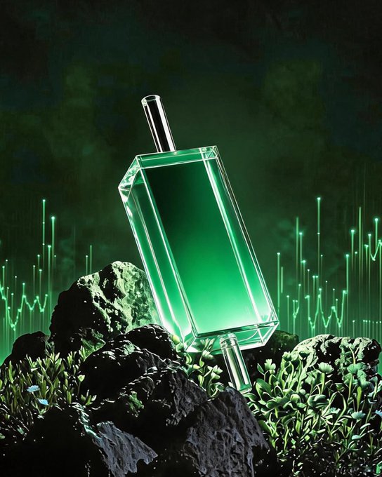 A glowing green vial sits atop rugged rocks amid rising digital line graphs, visually echoing the resilience of an asset that holds its value under market pressure. The image's futuristic, crystal-like aesthetic reinforces the idea of a stable, enduring investment.