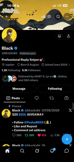 A Twitter/X profile page for 'Black @bLxckxbt' with bio 'Professional Reply Sniper' and a pinned $20 SOL giveaway post.
