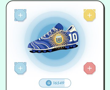 A STEP'N sneaker NFT display showing a blue sneaker with '10' and a 'M' sun emblem, surrounded by four gem slots, with a GST balance of 16,549.