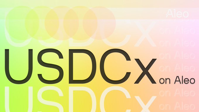 The image displays bold "USDCx on Aleo" text against a vibrant gradient background featuring repeated "USDCx on Aleo" branding in faded tones. The graphic visually reinforces the post's announcement of USDCx's launch on the Aleo network, emphasizing the privacy-focused stablecoin's availability for encrypted, private transactions.