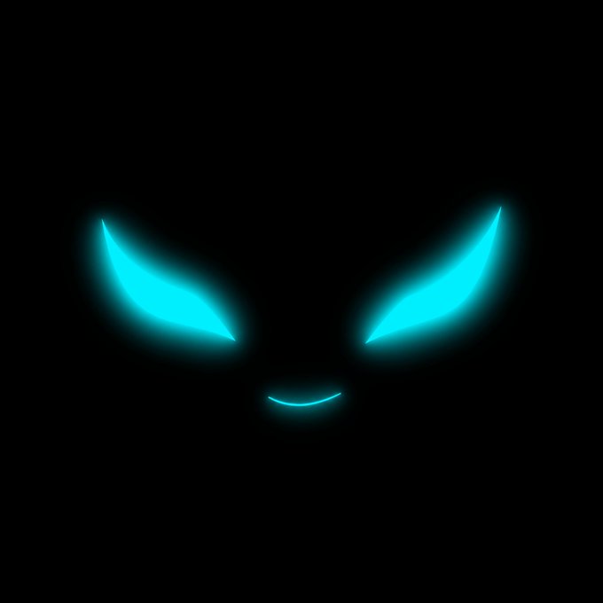 A minimalist glowing cyan face on a black background, featuring menacing slanted eyes and a small sinister smile, often used as a reaction meme.