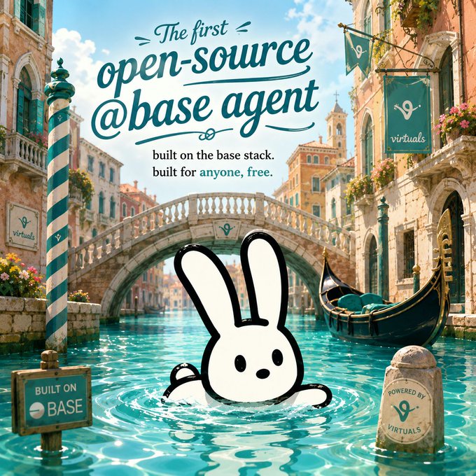 The first image shows a cartoon rabbit swimming in water, with a boat nearby. The caption reads "The first open-source @base agent Built on the Base stack. Built for anyone, Free!". This suggests that the bunnyOS is an open-source project designed to be used by anyone and offers free access to its source code.