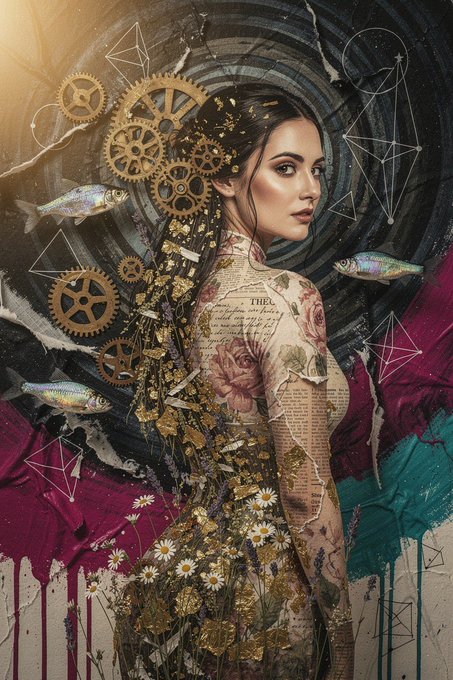 The image features a woman with long hair wearing a dress that has flowers, gears, and other elements of nature incorporated into its design. The background includes a black and white spiral pattern and a pink and blue color scheme. The caption reads "Gm beautiful souls It's Tuesday. I hope your #Tezostuesday will get wonderful Pescaria".