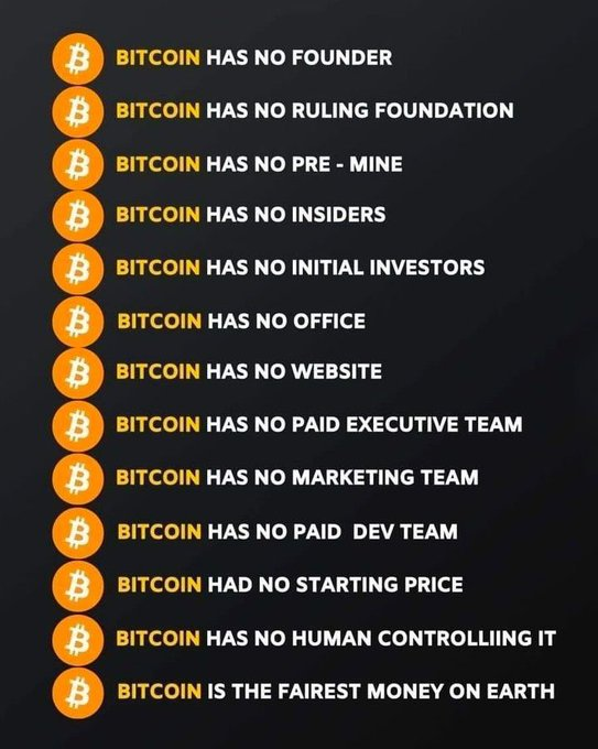 The image features a dark gray background with a vertical list of statements, each prefixed by an orange Bitcoin logo, proclaiming attributes such as "BITCOIN HAS NO FOUNDER," "BITCOIN HAS NO RULING FOUNDATION," "BITCOIN HAS NO PRE-MINE," "BITCOIN HAS NO INSIDERS," and others, culminating in "BITCOIN IS THE FAIREST MONEY ON EARTH." This reinforces the post's message that Bitcoin, with its decentralized and equitable structure, stands unrivaled as the premier cryptocurrency, embodying the idea that there is "no second best."