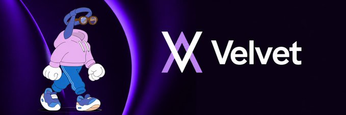 A digital banner featuring a cartoon mascot in a pink hoodie and blue sweatpants alongside the 'Velvet' logo on a purple gradient background.