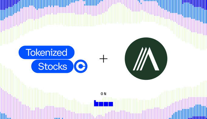 The image shows the Coinbase "Tokenized Stocks" logo alongside the Arcadia logo, separated by a plus sign, with "ON" displayed below—signaling that Coinbase's tokenized equities are now integrated with the Arcadia platform, enabling users to manage and analyze their Aerodrome liquidity alongside these assets.