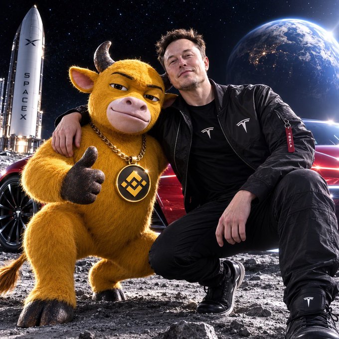 AI-generated image depicting Elon Musk posing with an anthropomorphic bull mascot wearing a Binance (BNB) medallion, with a SpaceX rocket, Tesla car, and Earth visible in the lunar background.