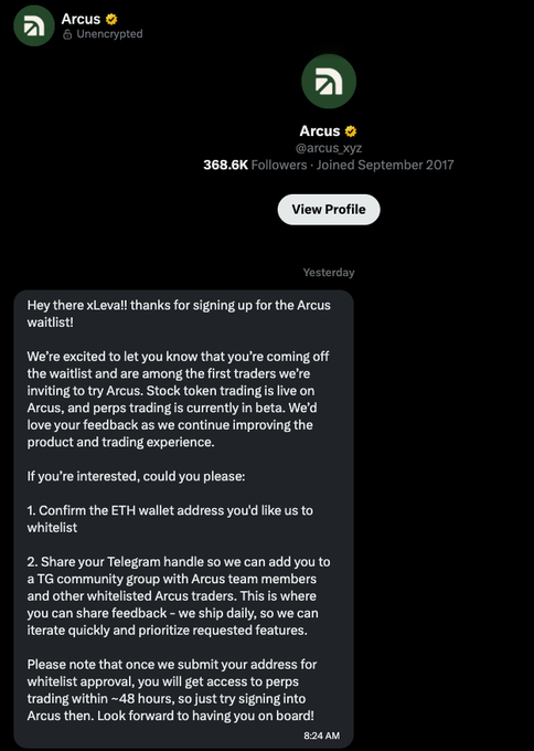 A direct message screenshot from the account 'Arcus' (@arcus_xyz) to a user named xLeavall, announcing they are off the waitlist and providing instructions to confirm an ETH wallet address for a whitelist approval.