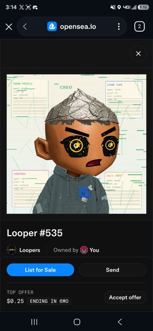 An OpenSea.io webpage displays an NFT named 'Looper #535' featuring a cartoon avatar with spiral eyes and a foil hat, listed by the user 'Loopers' with a top offer of $0.25.