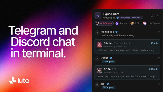 The promotional image for "lute" advertises "Telegram and Discord chat in terminal" alongside a Squad Chat interface displaying usernames like "88mvps88," "$Jaden," "Jdbubs," "$GTA," and "hp1" with dollar amounts ($39.6K, $664.9K) and "scanned by" scanner mentions, highlighting the tool's ability to catch crypto/DeFi scans early in real-time chat feeds.