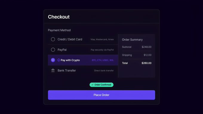 A checkout interface showing payment method options (Credit/Debit Card, PayPal, Pay with Crypto with BTC, ETH, USDC, SOL, Bank Transfer) with an order summary totaling $260.00.