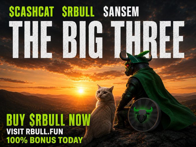 A promotional graphic for the meme coin $RBULL declares "THE BIG THREE" alongside $CASHCAT and $ANSEM, featuring a heroic image of a cat and a horned warrior overlooking a sunset, with text urging viewers to "BUY $RBULL NOW" at rbull.fun for a "100% BONUS TODAY." The dramatic visual reinforces the post's call to action, positioning $RBULL as part of an elite trio of top meme coins.
