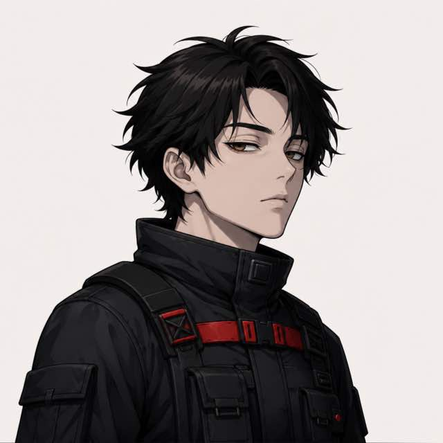 A digital illustration of a young man with messy black hair, wearing a black tactical jacket with red straps, against a plain grey background.