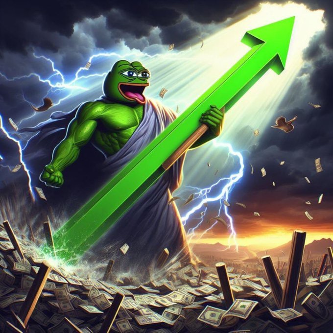 A meme-style image depicting Pepe the Frog dressed as a muscular Greek god holding a giant green upward arrow, standing amid scattered dollar bills and lightning.