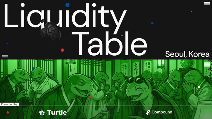 A webpage header titled 'Liquidity Table' with 'Seoul, Korea' displayed, featuring a green illustration of turtles and logos for Turtle and Compound.