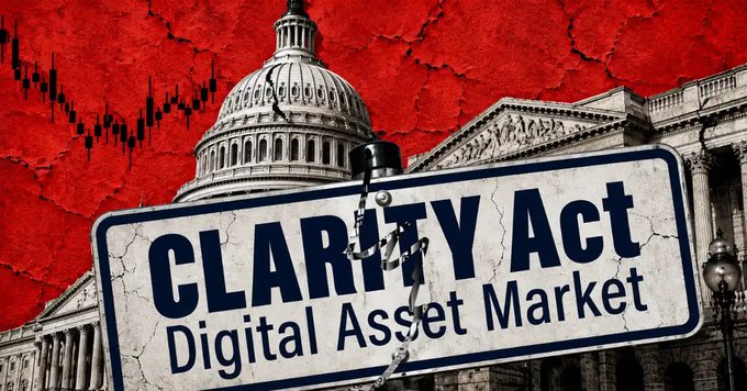 A graphic depicts the U.S. Capitol building under a cracked red sky with a falling stock chart, overlaid with a street sign reading "CLARITY Act - Digital Asset Market".
