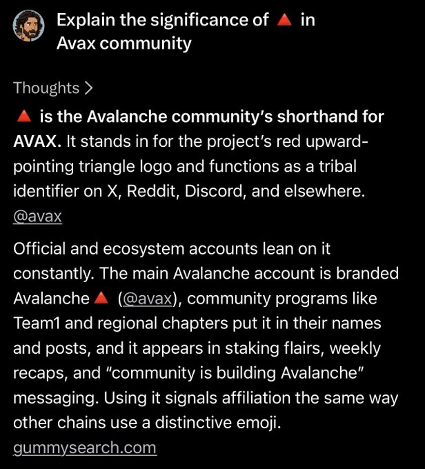 A tweet explaining that the 🔺 emoji serves as the Avax community's shorthand for AVAX, functioning as a tribal emblem across official Avalanche accounts, regional chapters, and community programs. The post pairs this explanation with a Solana contract address, illustrating how one ecosystem's tribal symbol can confuse members of another community.