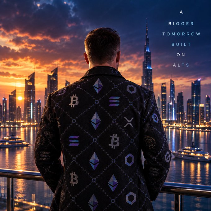 A man viewed from behind, wearing a jacket patterned with Bitcoin, Ethereum, Solana, and XRP logos, gazes out over a sunset-lit cityscape of Dubai with the Burj Khalifa in view. The text on the right reads "A BIGGER TOMORROW BUILT ON ALTS," complementing the optimistic "GM" crypto greeting with a forward-looking vision centered on altcoins.