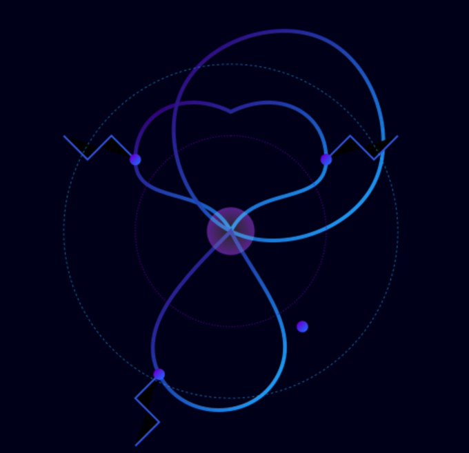 A minimalist digital graphic on a dark blue background featuring intersecting blue and purple loops, small dots, and zig-zag lines resembling a stylized atomic or orbital diagram.