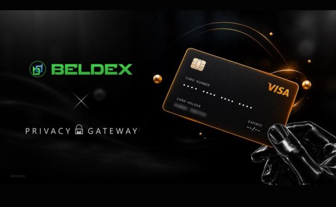 Promotional banner for BELDEX × Privacy Gateway featuring a black Visa credit card with gold trim being held by a metallic robotic hand.